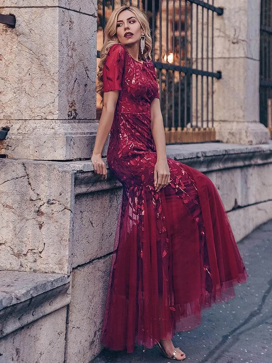 Krystal tulle embroidered leaf pattern dress with sequins in darker colors