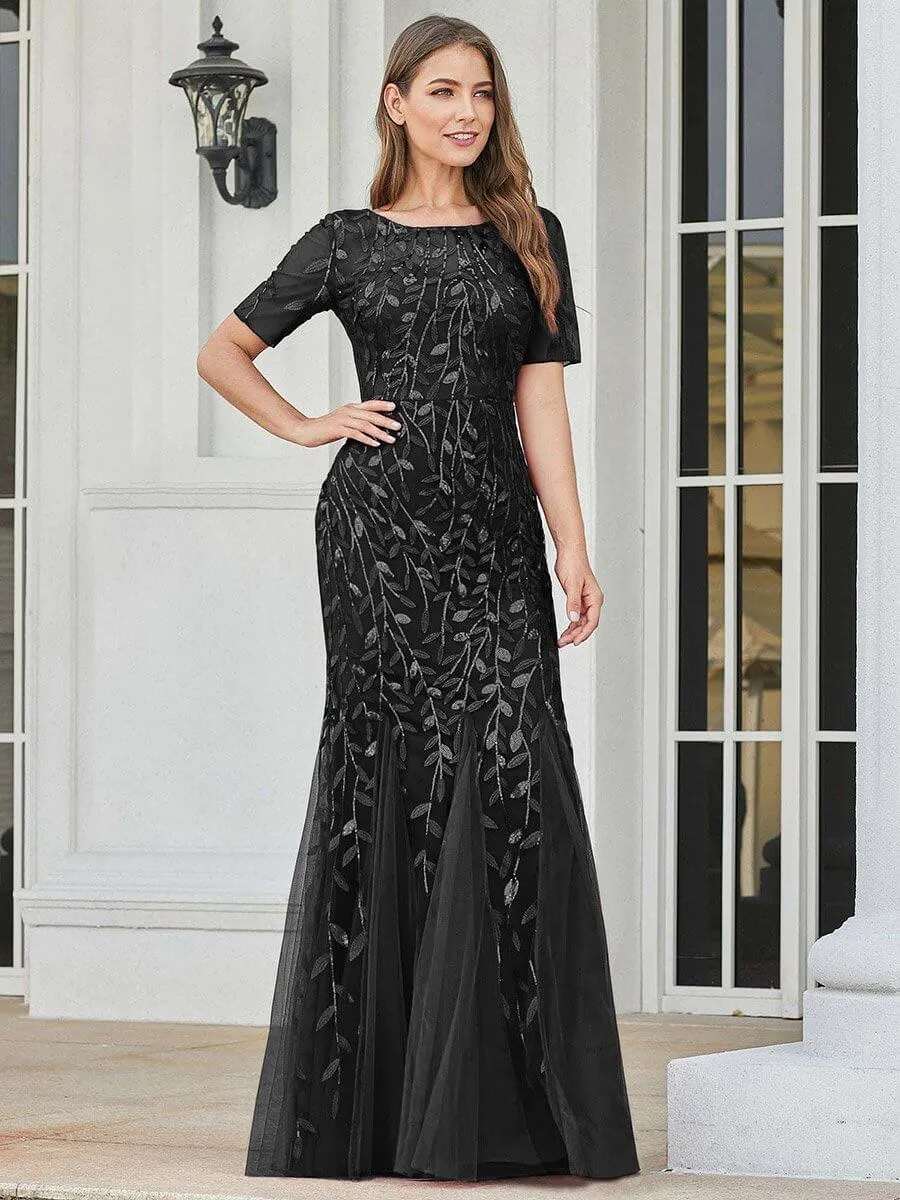 Krystal tulle embroidered leaf pattern dress with sequins in darker colors