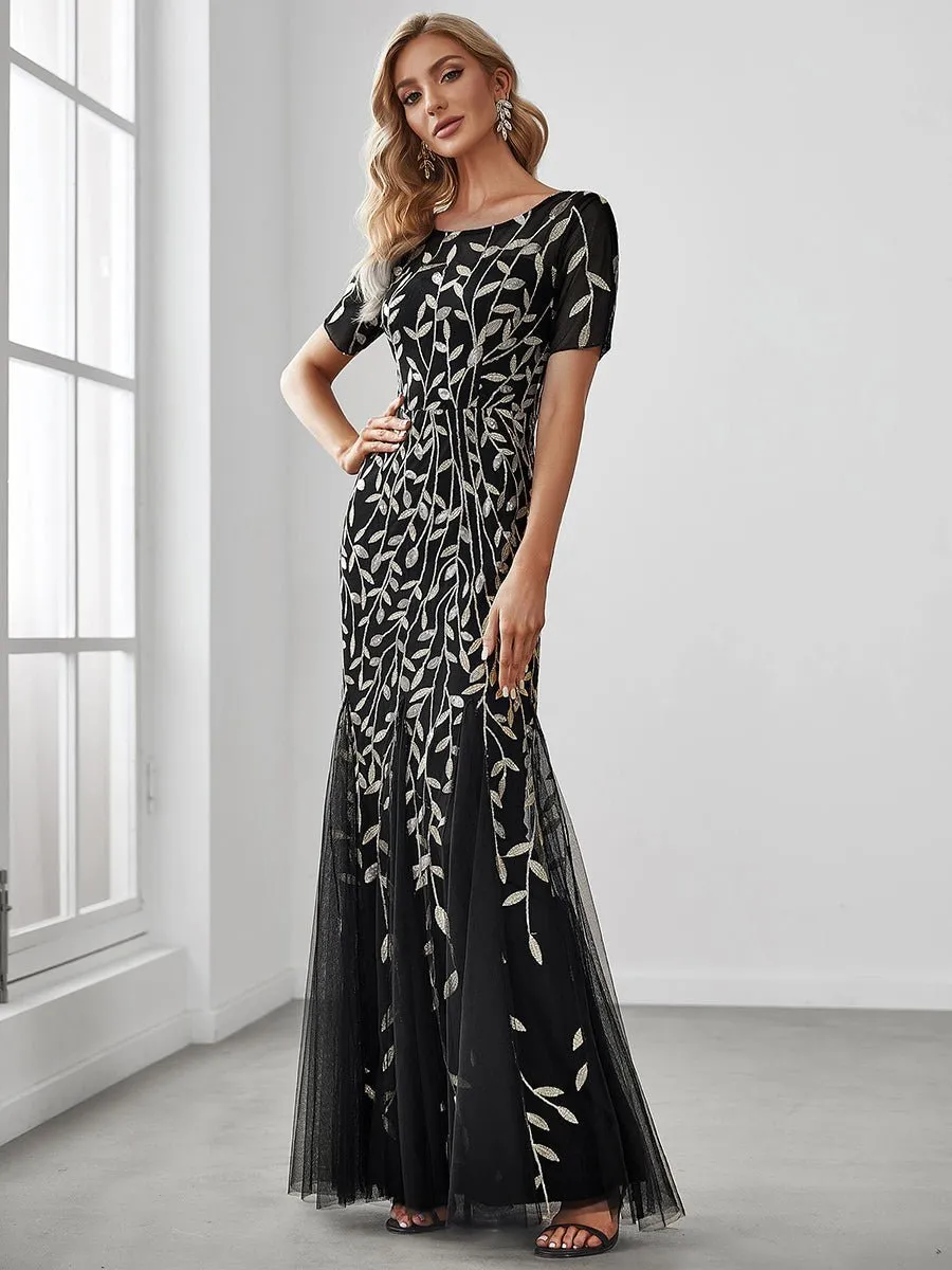 Krystal tulle embroidered leaf pattern dress with sequins in darker colors