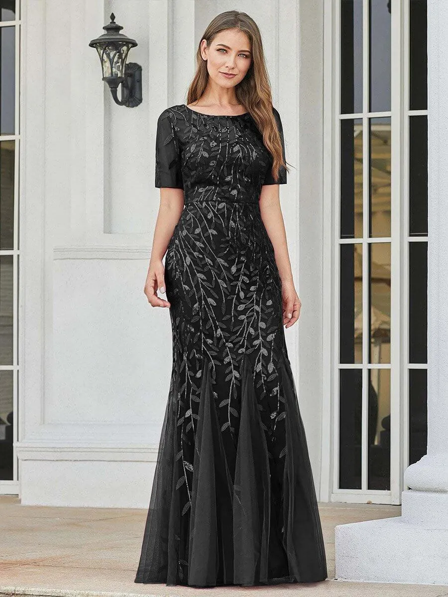 Krystal tulle embroidered leaf pattern dress with sequins in darker colors