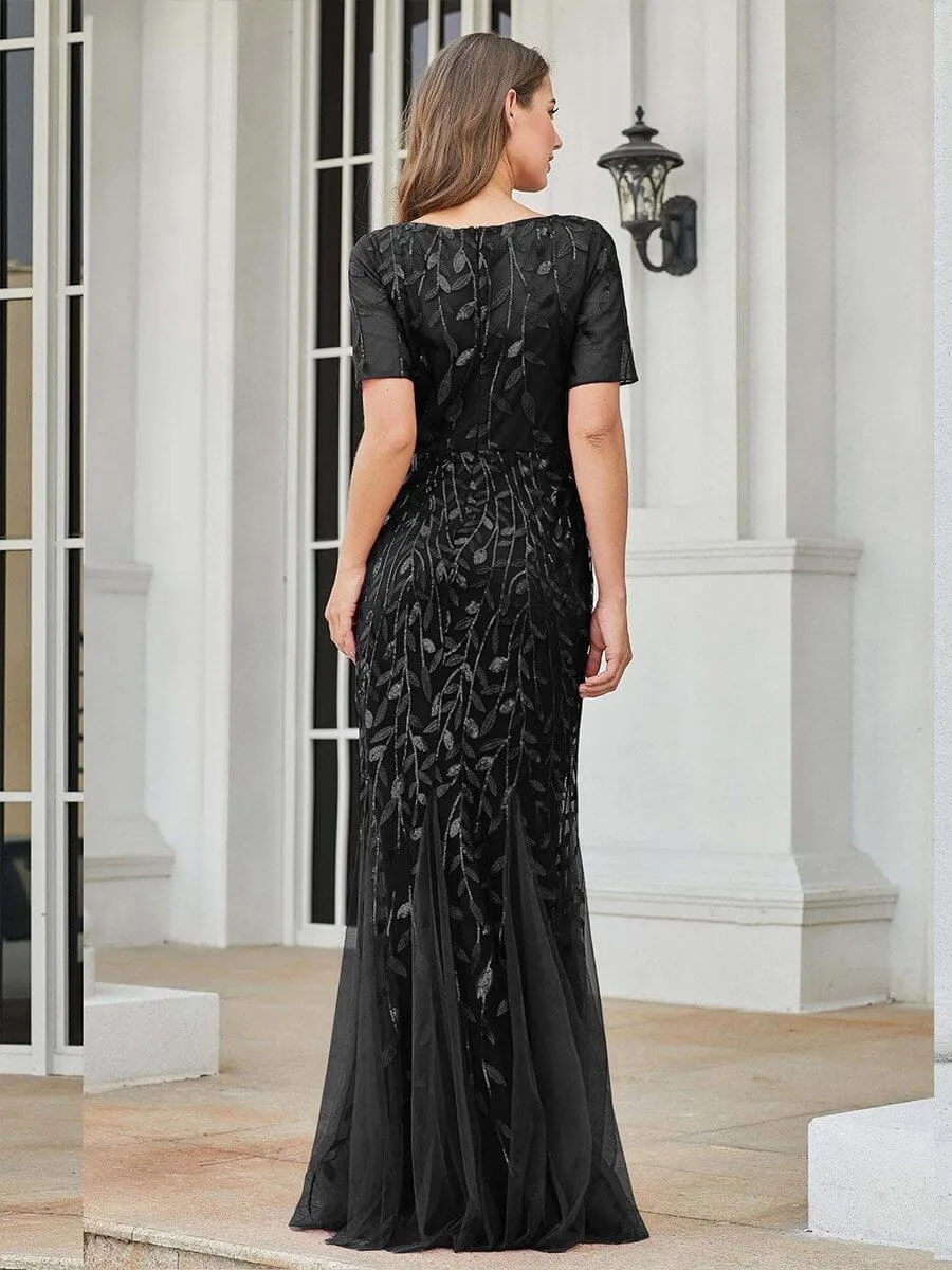 Krystal tulle embroidered leaf pattern dress with sequins in darker colors
