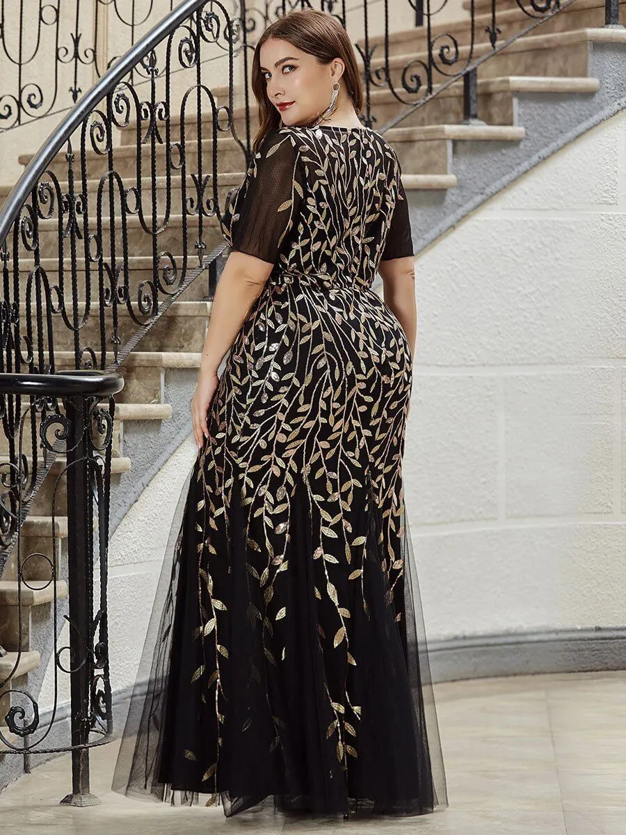 Krystal tulle embroidered leaf pattern dress with sequins in darker colors