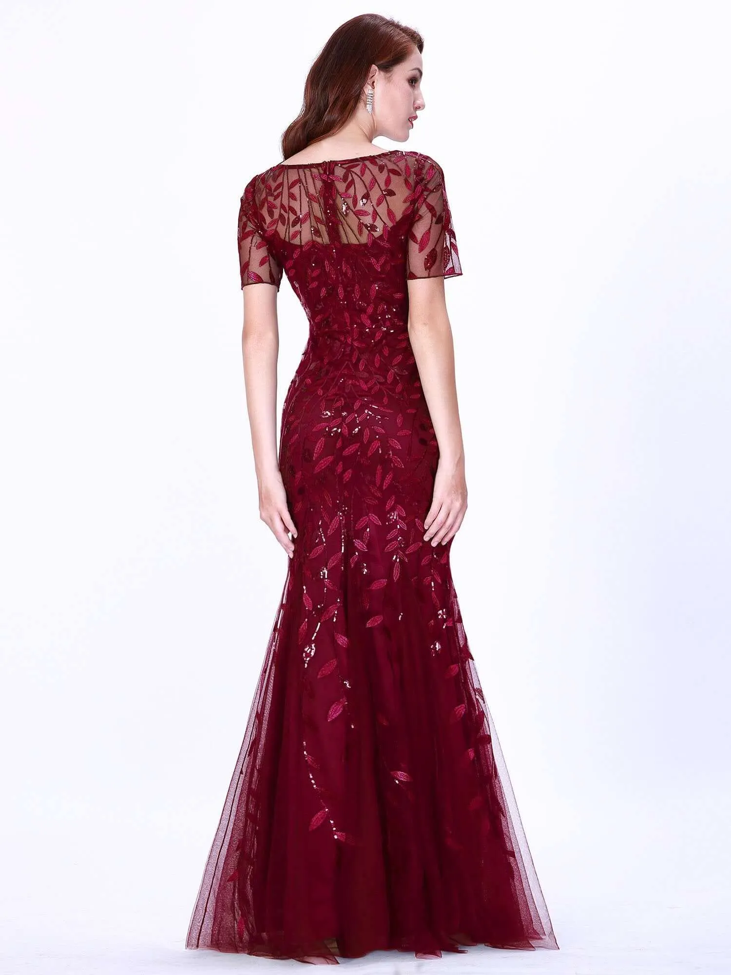 Krystal tulle embroidered leaf pattern dress with sequins in darker colors