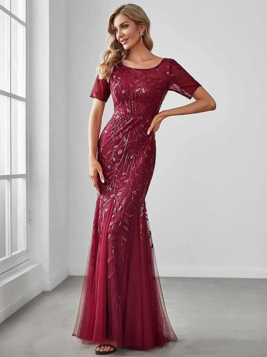 Krystal tulle embroidered leaf pattern dress with sequins in darker colors