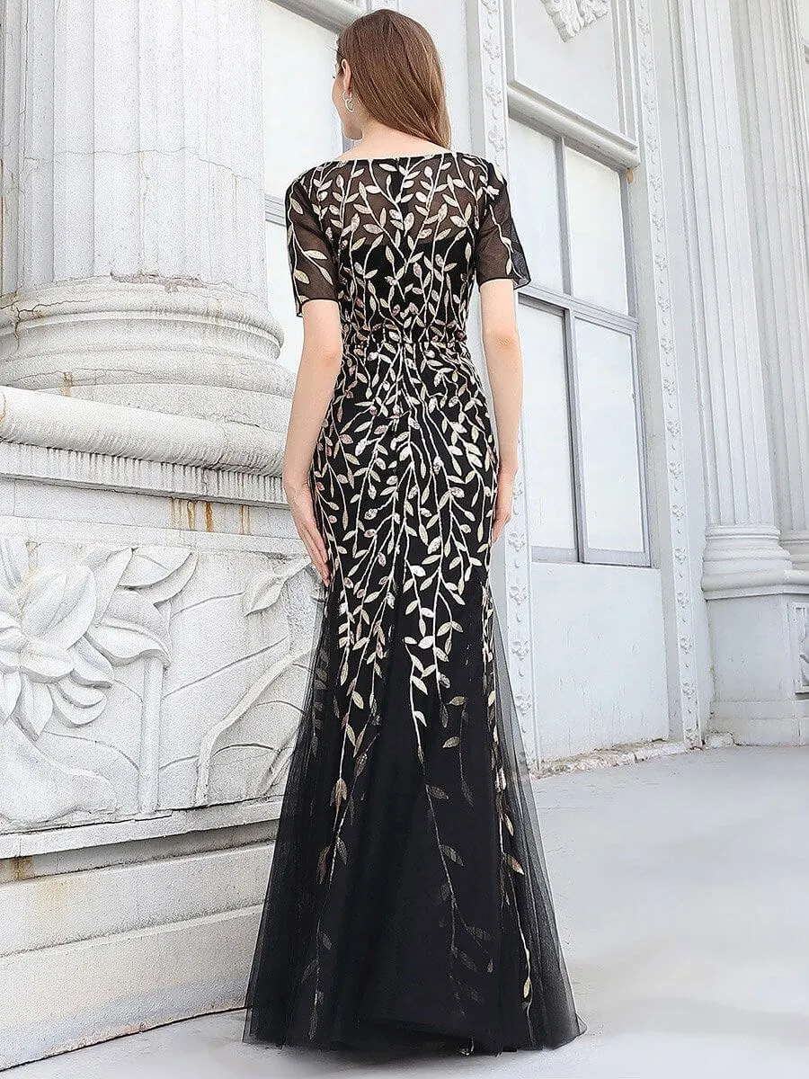 Krystal tulle embroidered leaf pattern dress with sequins in darker colors
