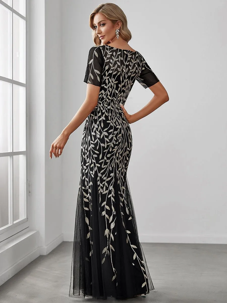 Krystal tulle embroidered leaf pattern dress with sequins in darker colors