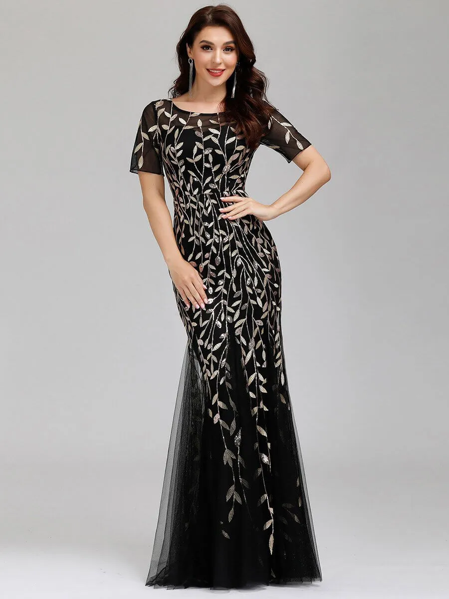 Krystal tulle embroidered leaf pattern dress with sequins in darker colors