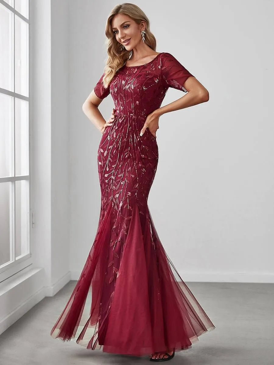 Krystal tulle embroidered leaf pattern dress with sequins in darker colors