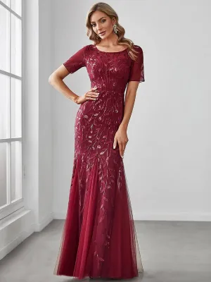 Krystal tulle embroidered leaf pattern dress with sequins in darker colors