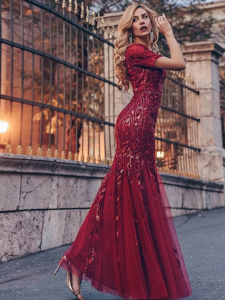 Krystal tulle embroidered leaf pattern dress with sequins in darker colors