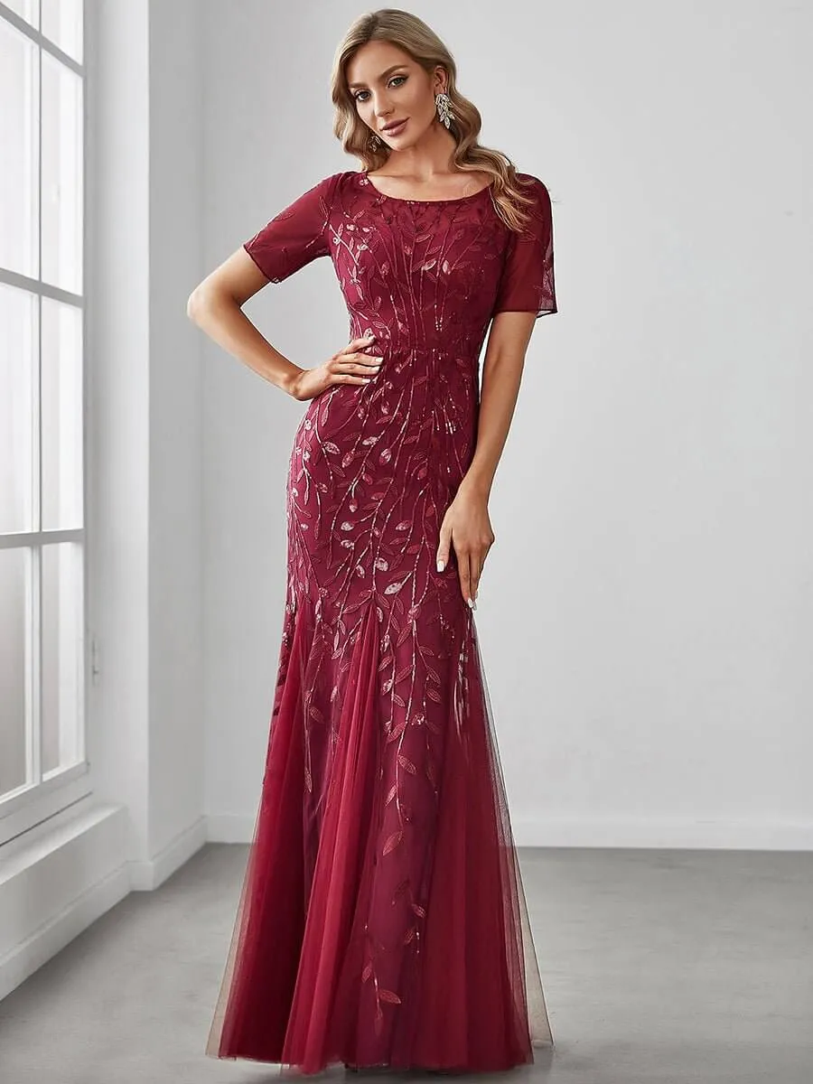 Krystal tulle embroidered leaf pattern dress with sequins in darker colors