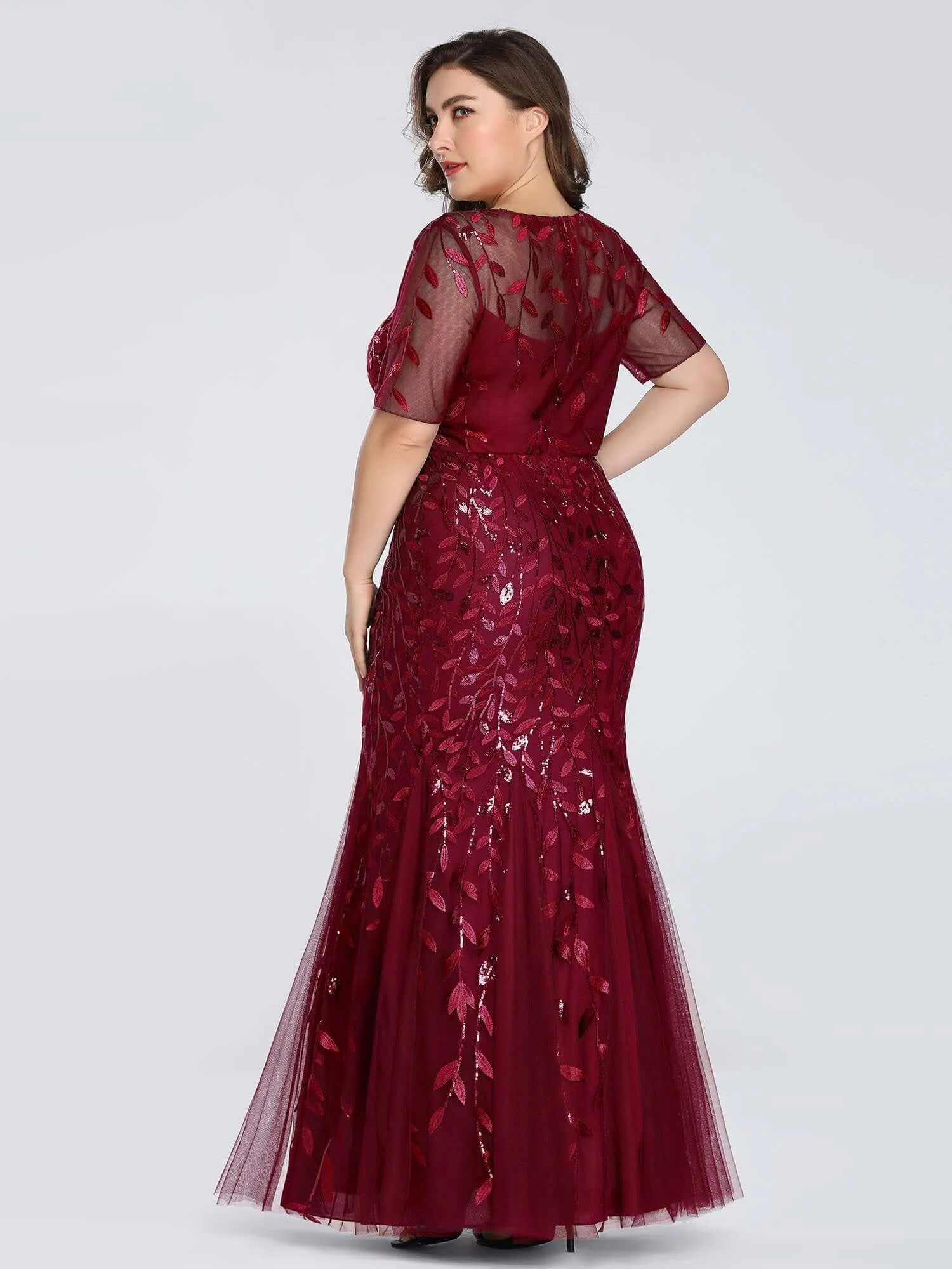 Krystal tulle embroidered leaf pattern dress with sequins in darker colors
