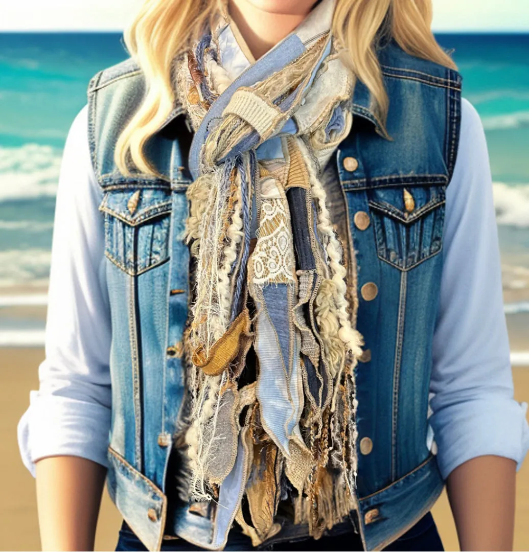 Lightweight Boho art Scarf, Shreds refashion scarf, nature inspired fashion, olive sage cream