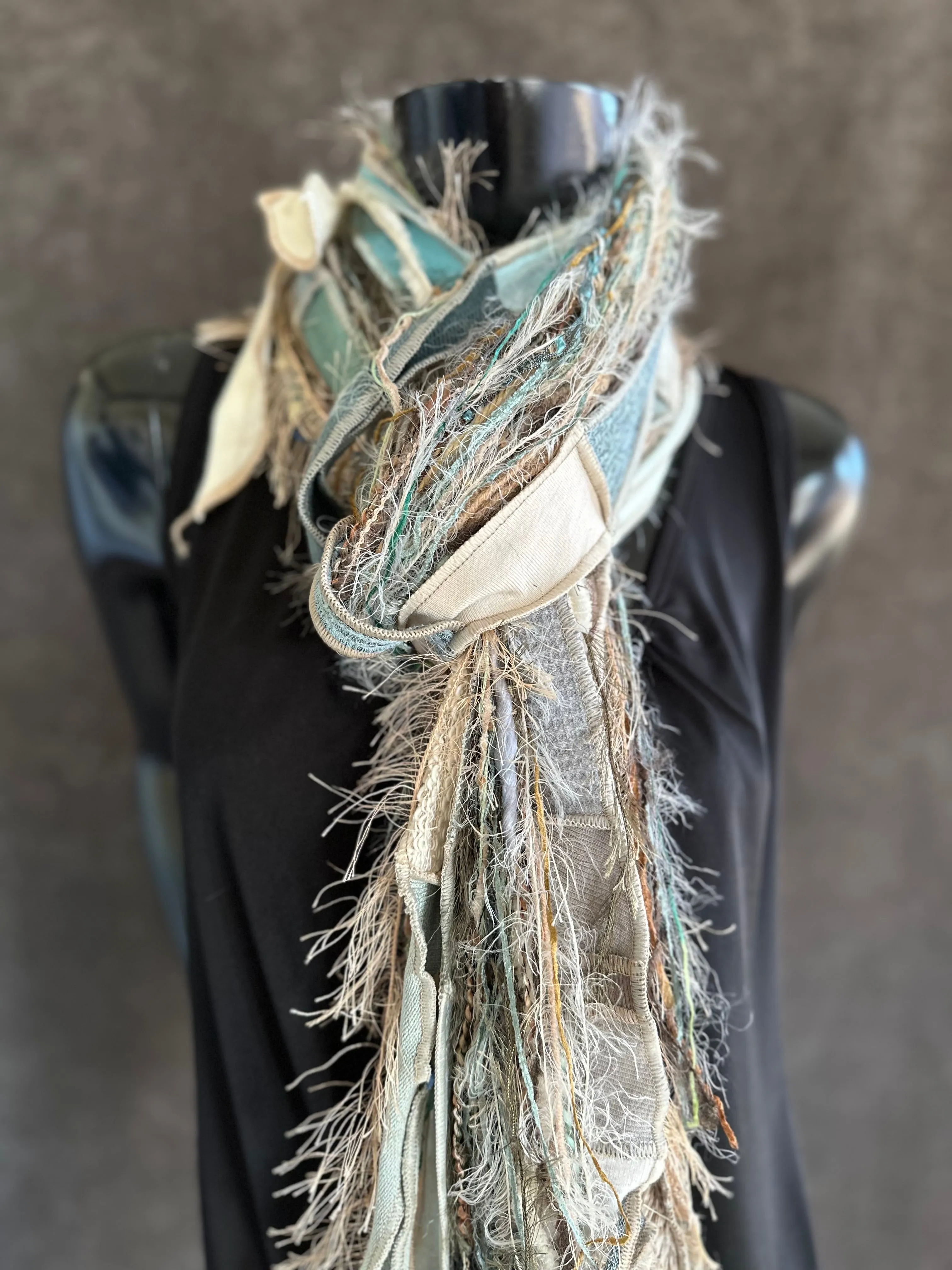Lightweight Boho art Scarf, Shreds refashion scarf, nature inspired fashion, olive sage cream