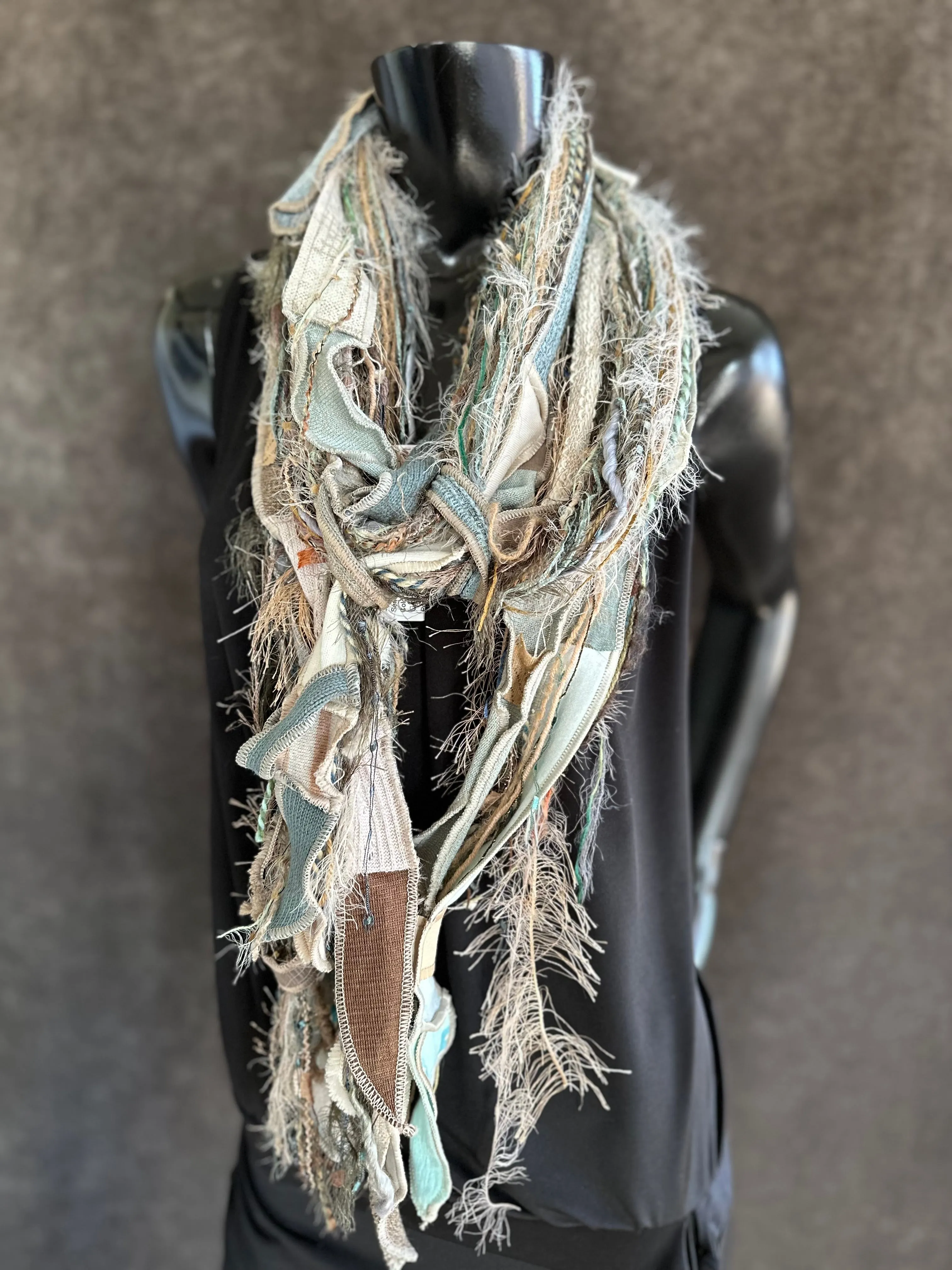 Lightweight Boho art Scarf, Shreds refashion scarf, nature inspired fashion, olive sage cream
