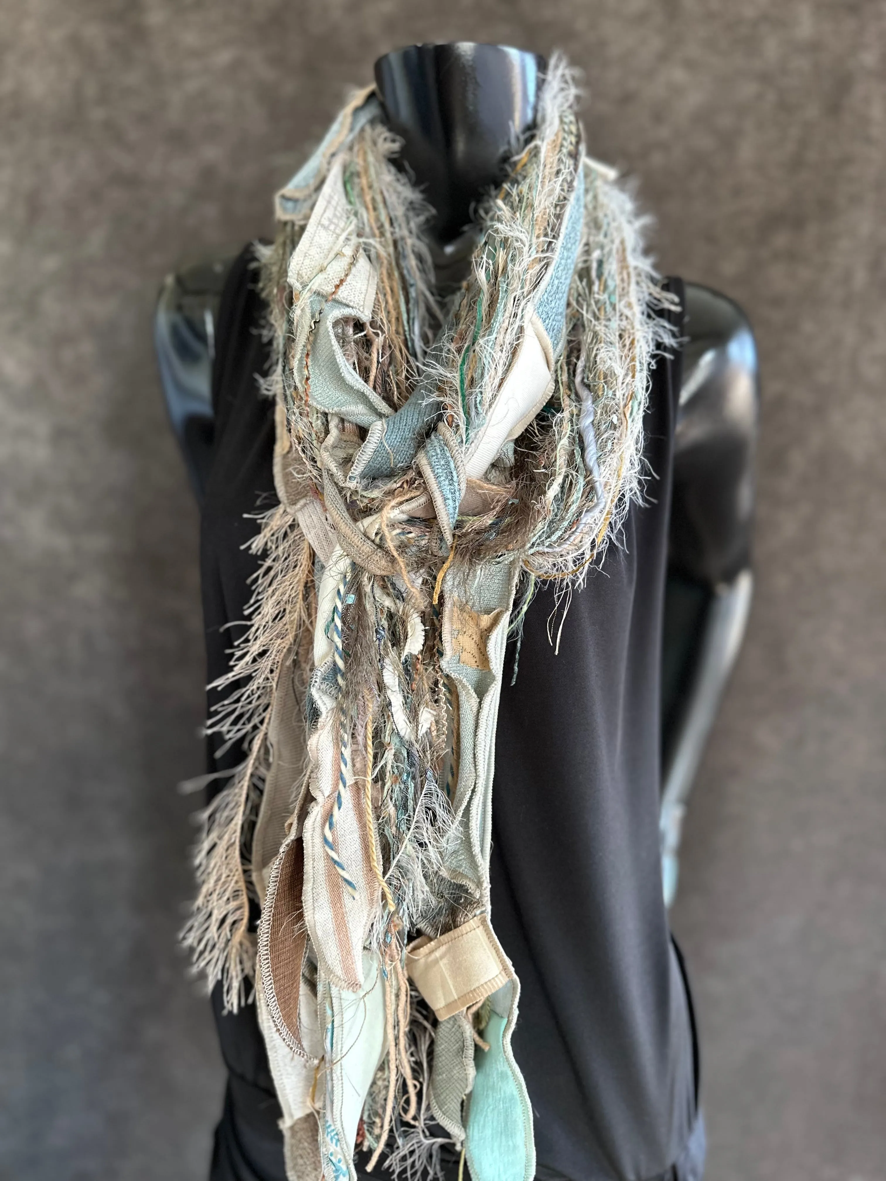 Lightweight Boho art Scarf, Shreds refashion scarf, nature inspired fashion, olive sage cream