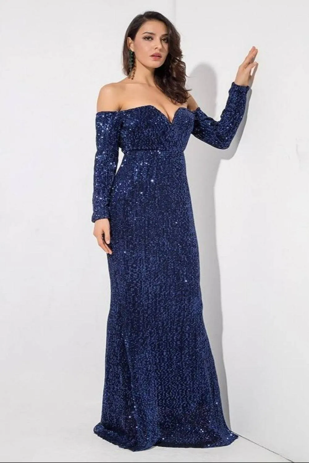 Long Sleeve Off The Shoulder Navy Blue Sequin Maxi Dress