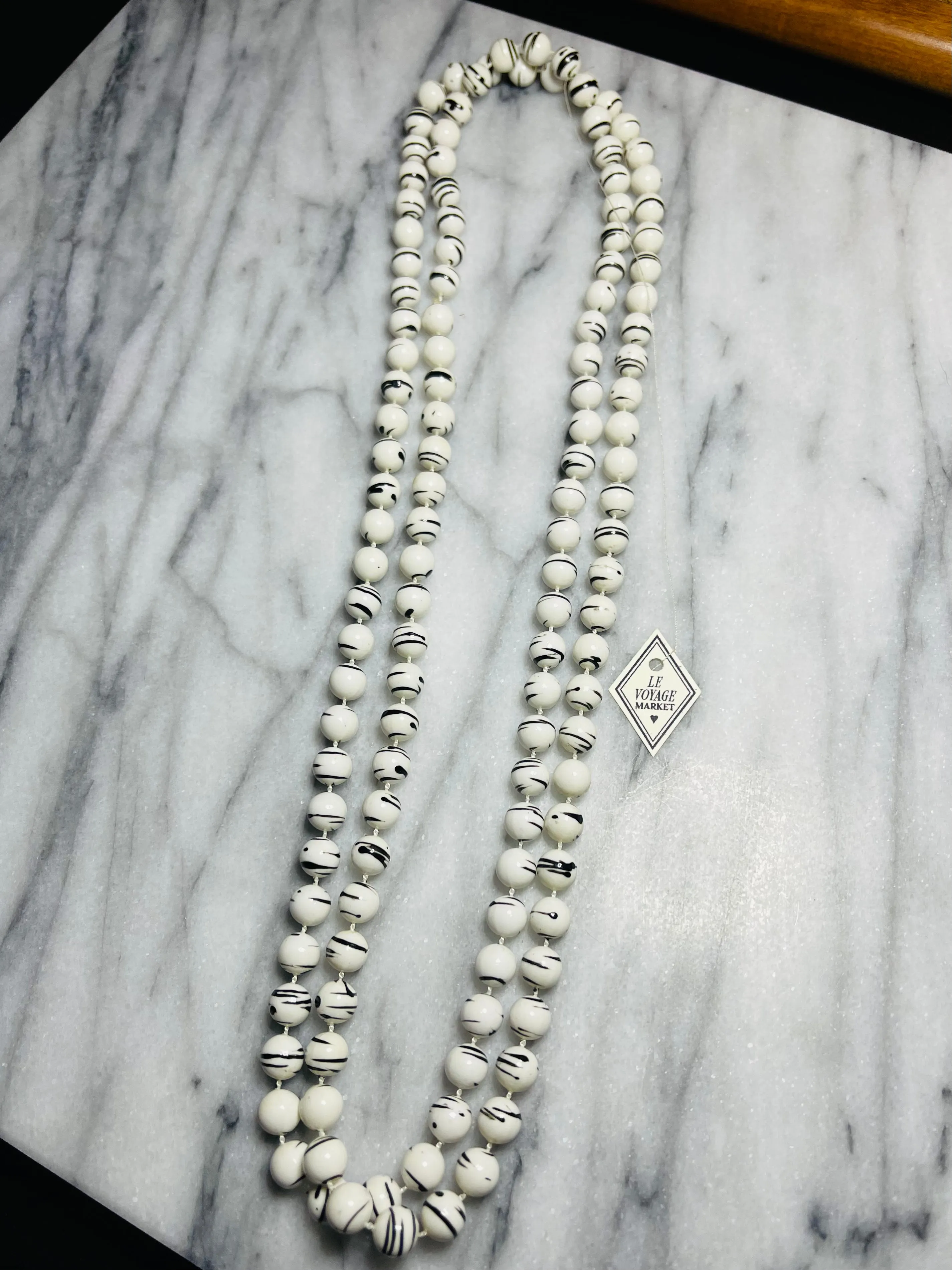 Long Vintage Black & White Beaded Necklace