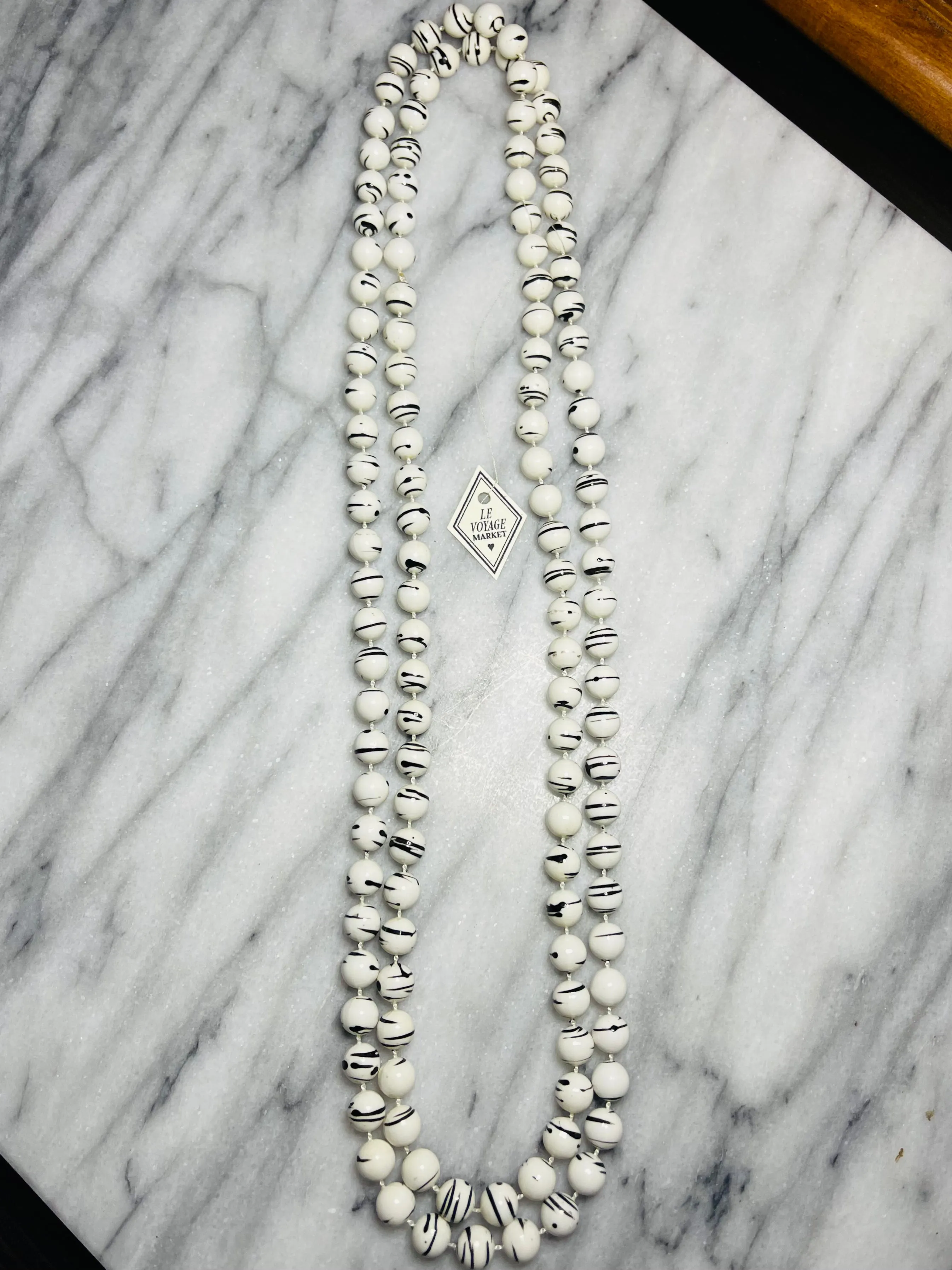 Long Vintage Black & White Beaded Necklace