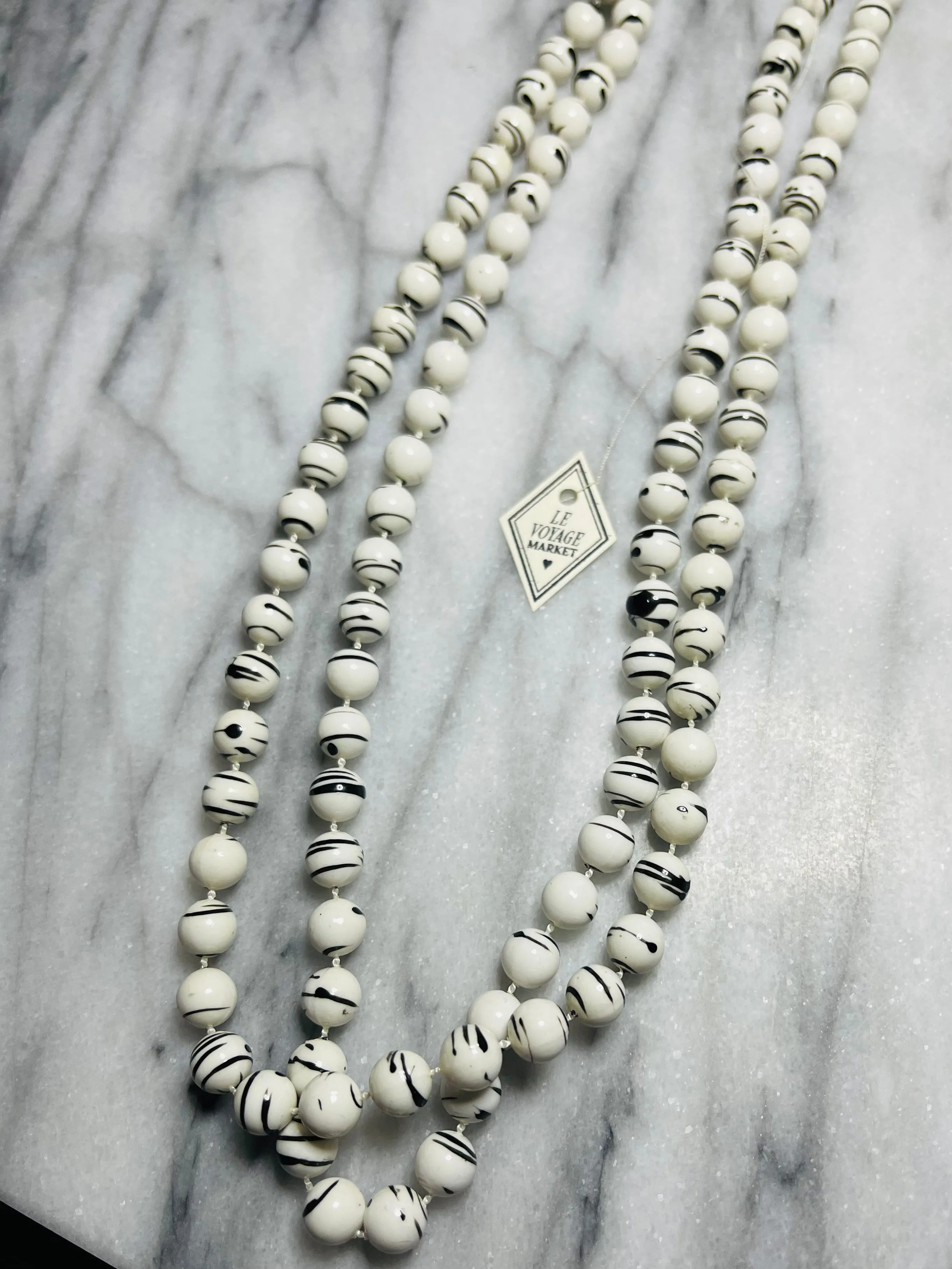 Long Vintage Black & White Beaded Necklace