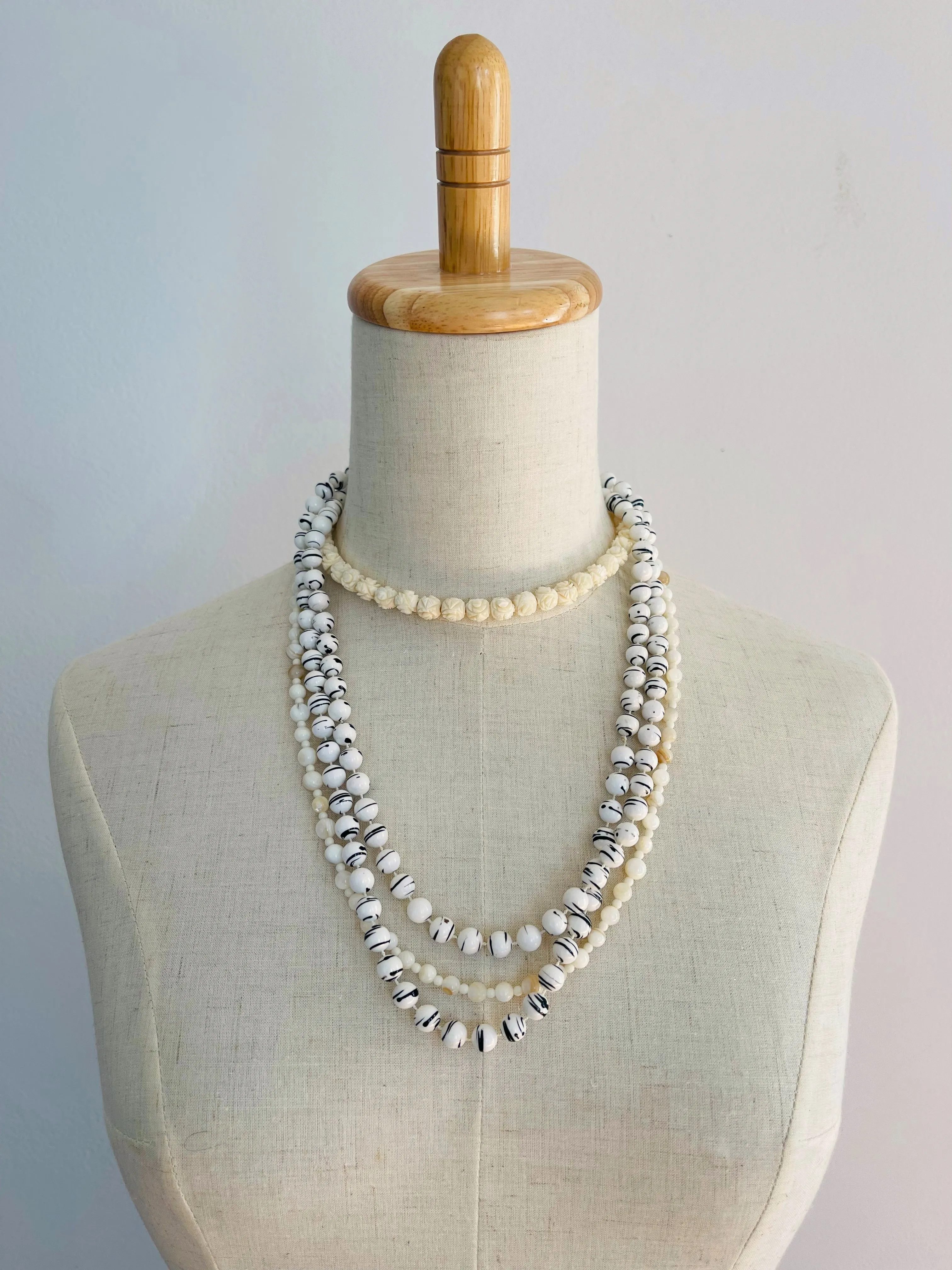 Long Vintage Black & White Beaded Necklace