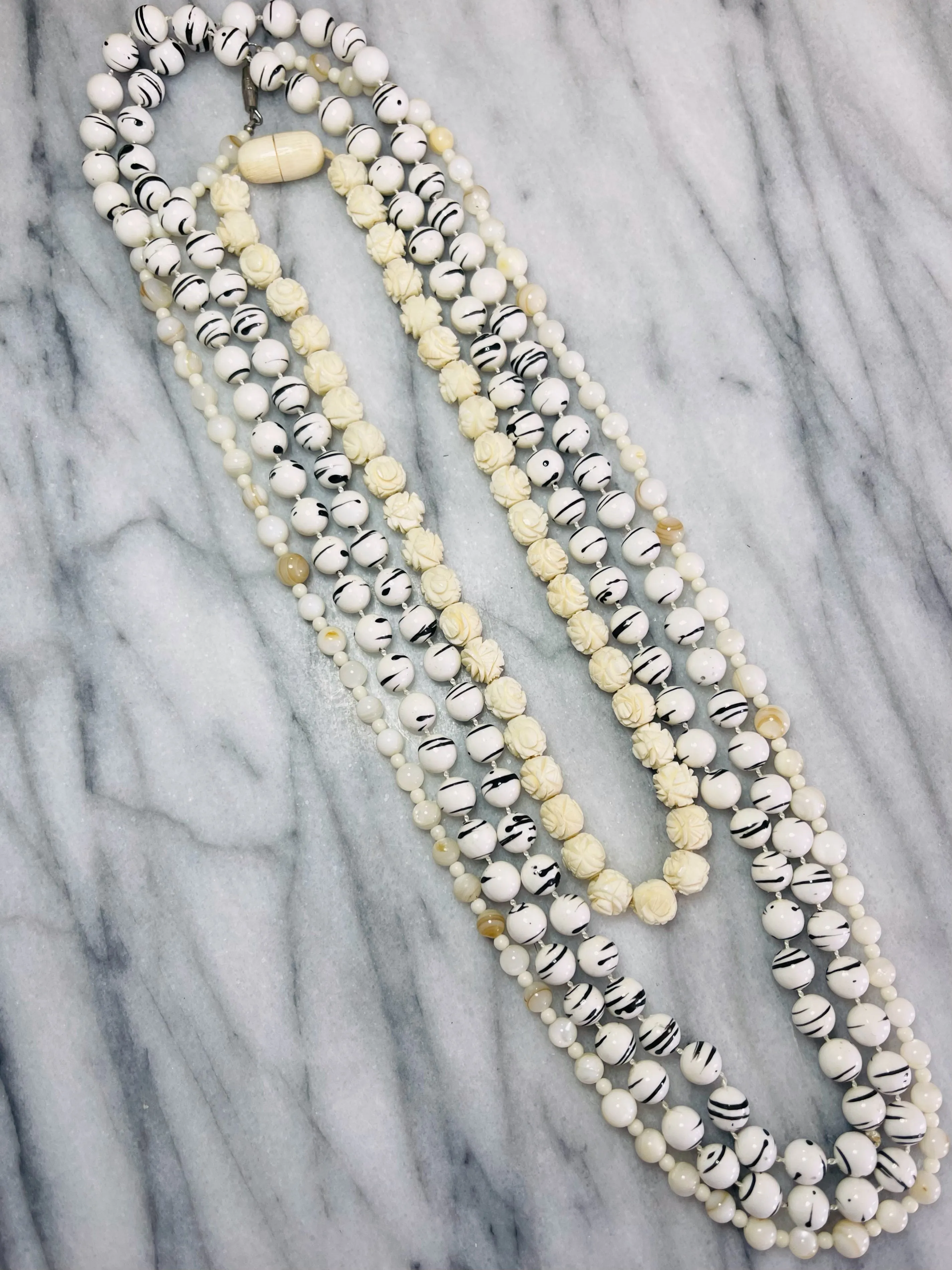 Long Vintage Black & White Beaded Necklace