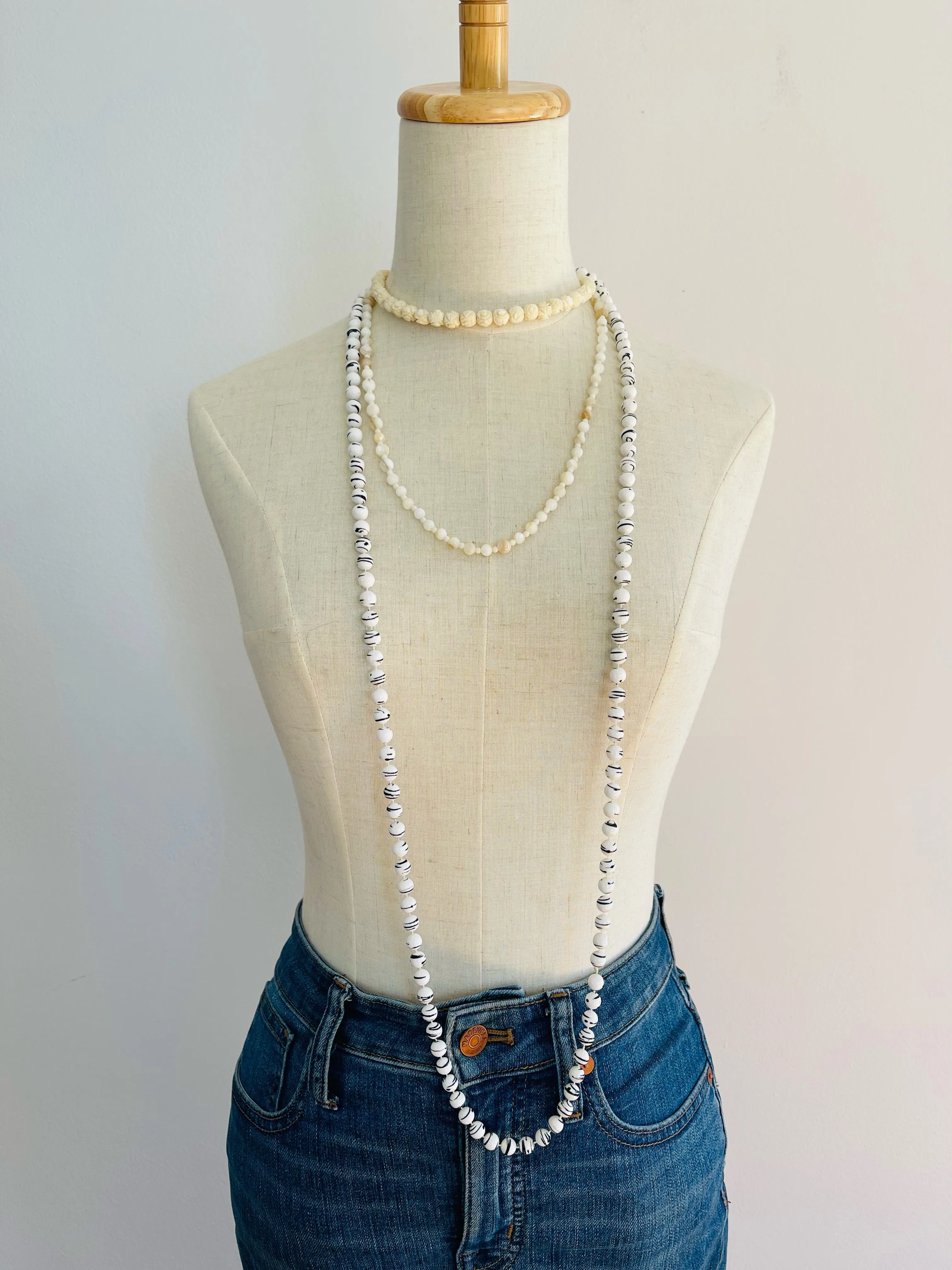 Long Vintage Black & White Beaded Necklace