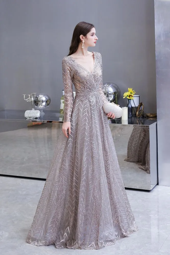 Modest Long Sleevess V-neck Princess Prom Party Gowns