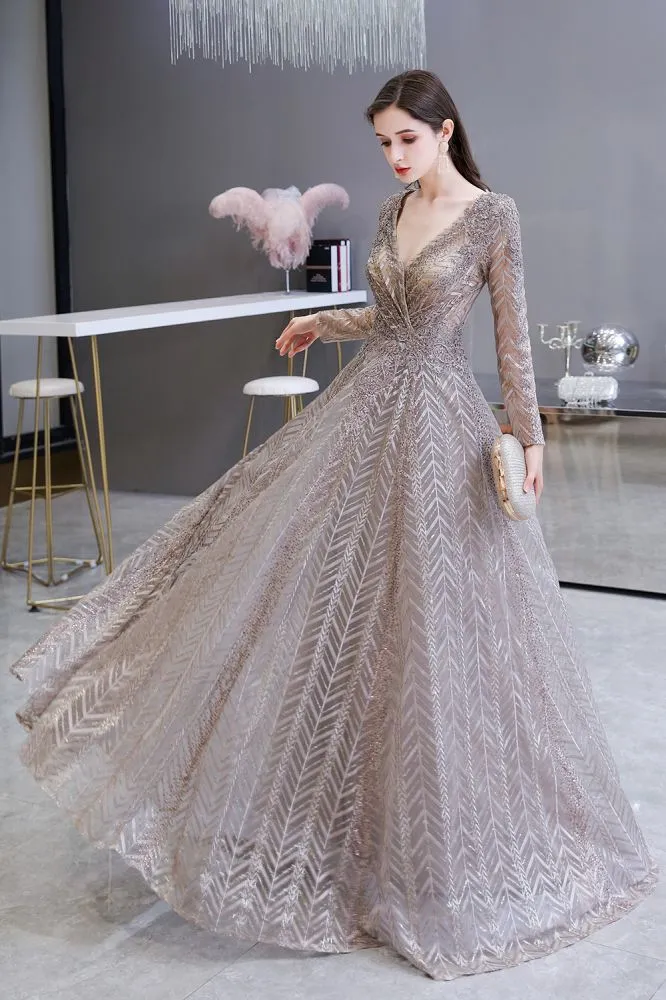 Modest Long Sleevess V-neck Princess Prom Party Gowns