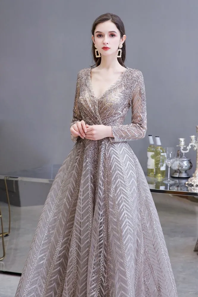 Modest Long Sleevess V-neck Princess Prom Party Gowns