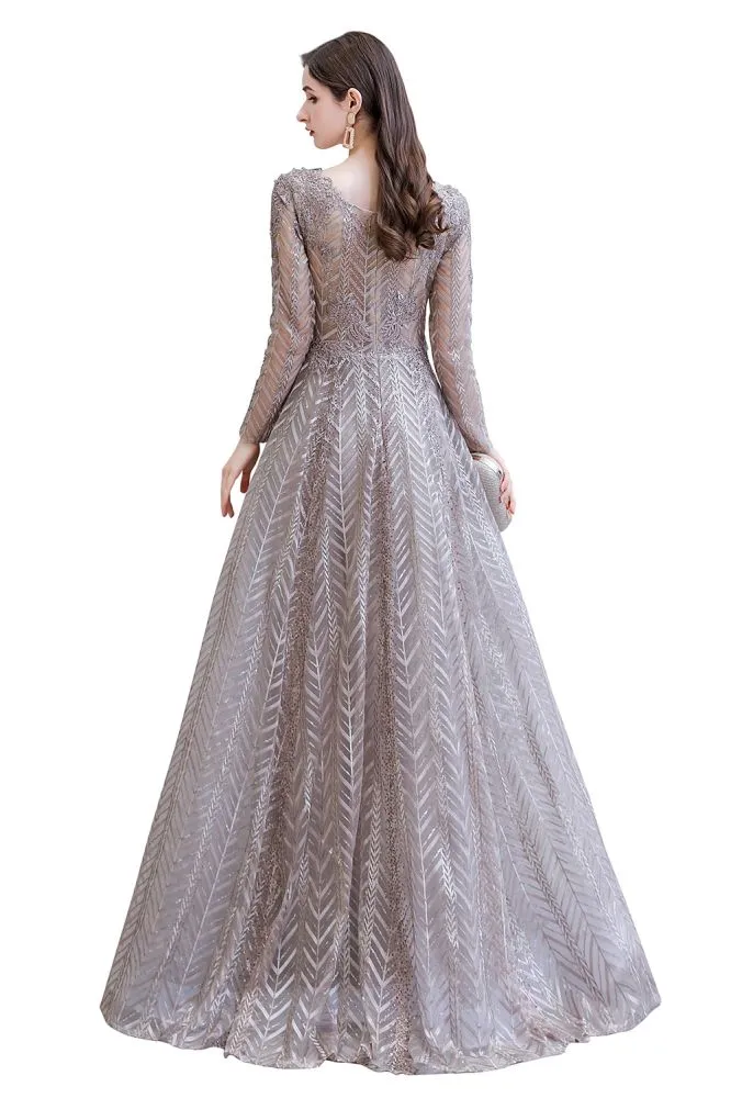 Modest Long Sleevess V-neck Princess Prom Party Gowns
