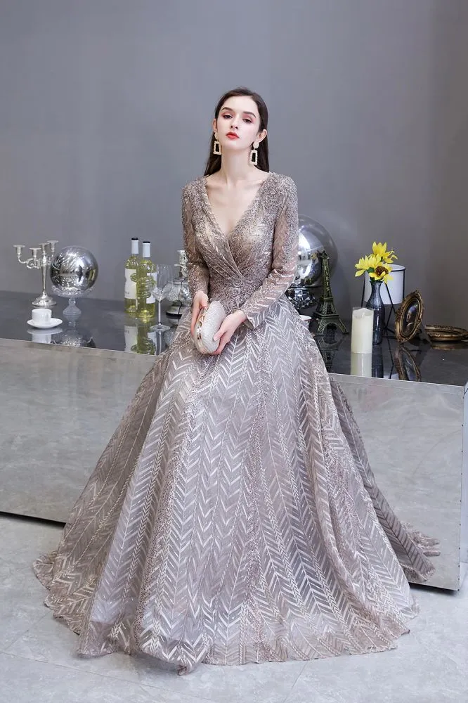 Modest Long Sleevess V-neck Princess Prom Party Gowns