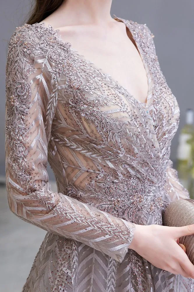Modest Long Sleevess V-neck Princess Prom Party Gowns