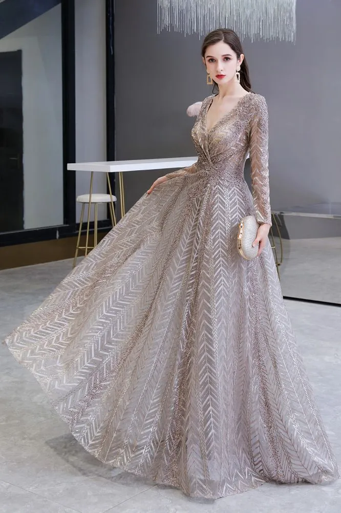 Modest Long Sleevess V-neck Princess Prom Party Gowns