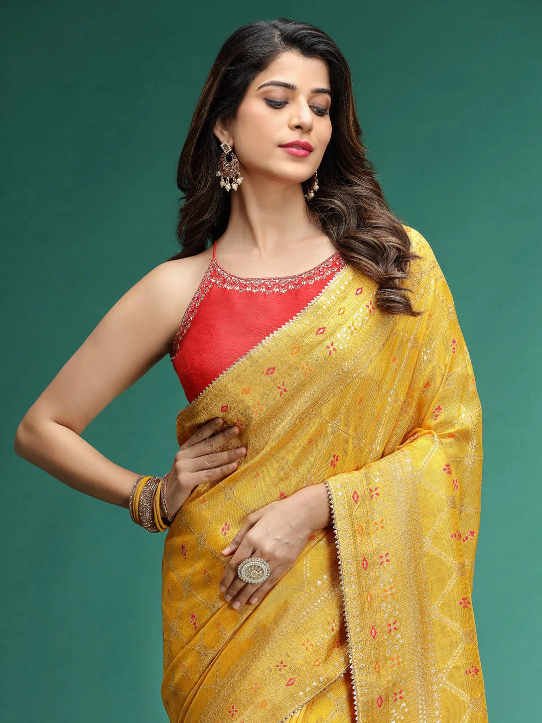 Mustard Yellow Dola Silk Bandhani Designer Saree