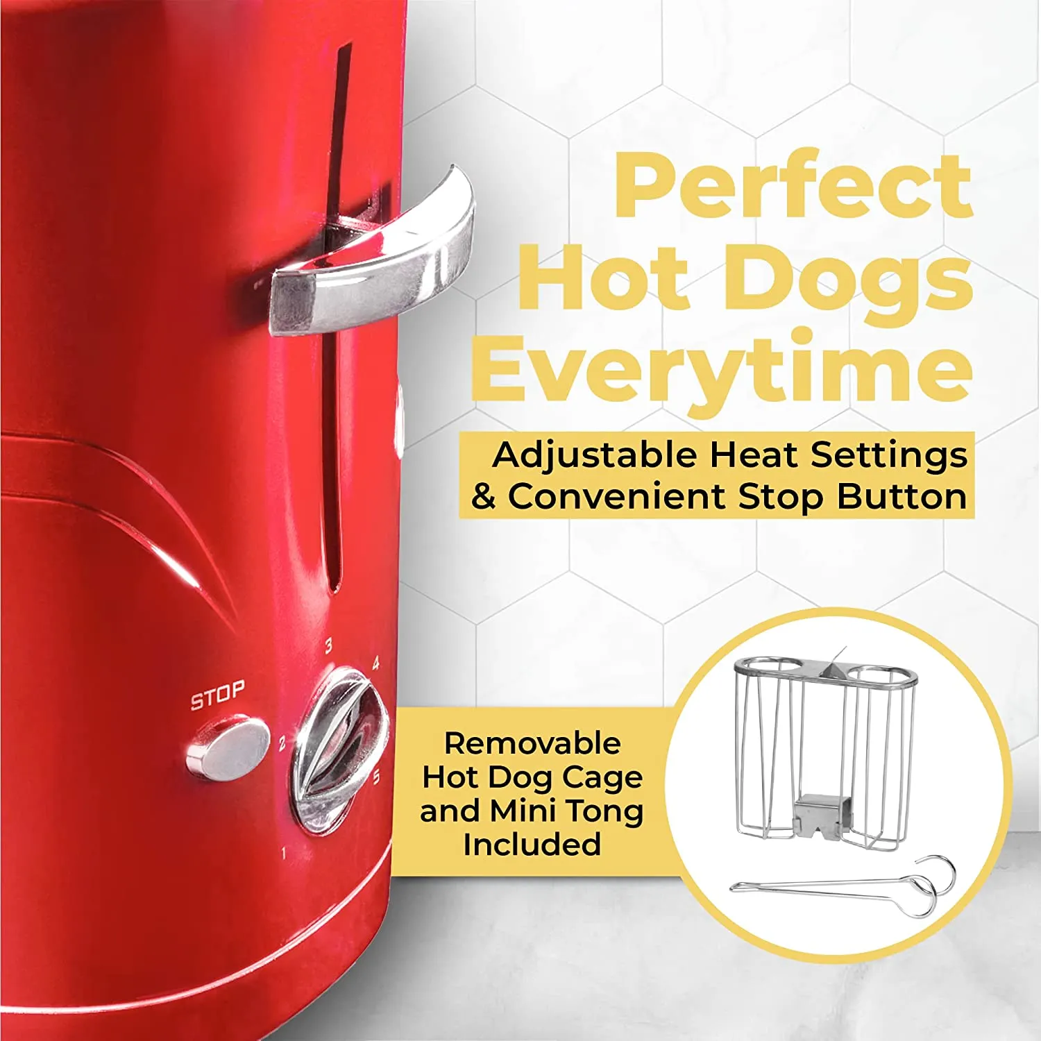 New in box! Nostalgia 2 Slot Hot Dog and Bun Toaster with Mini Tongs, Hot Dog Toaster Works with Chicken, Turkey, Veggie Links, Sausages and Brats, Retro Red