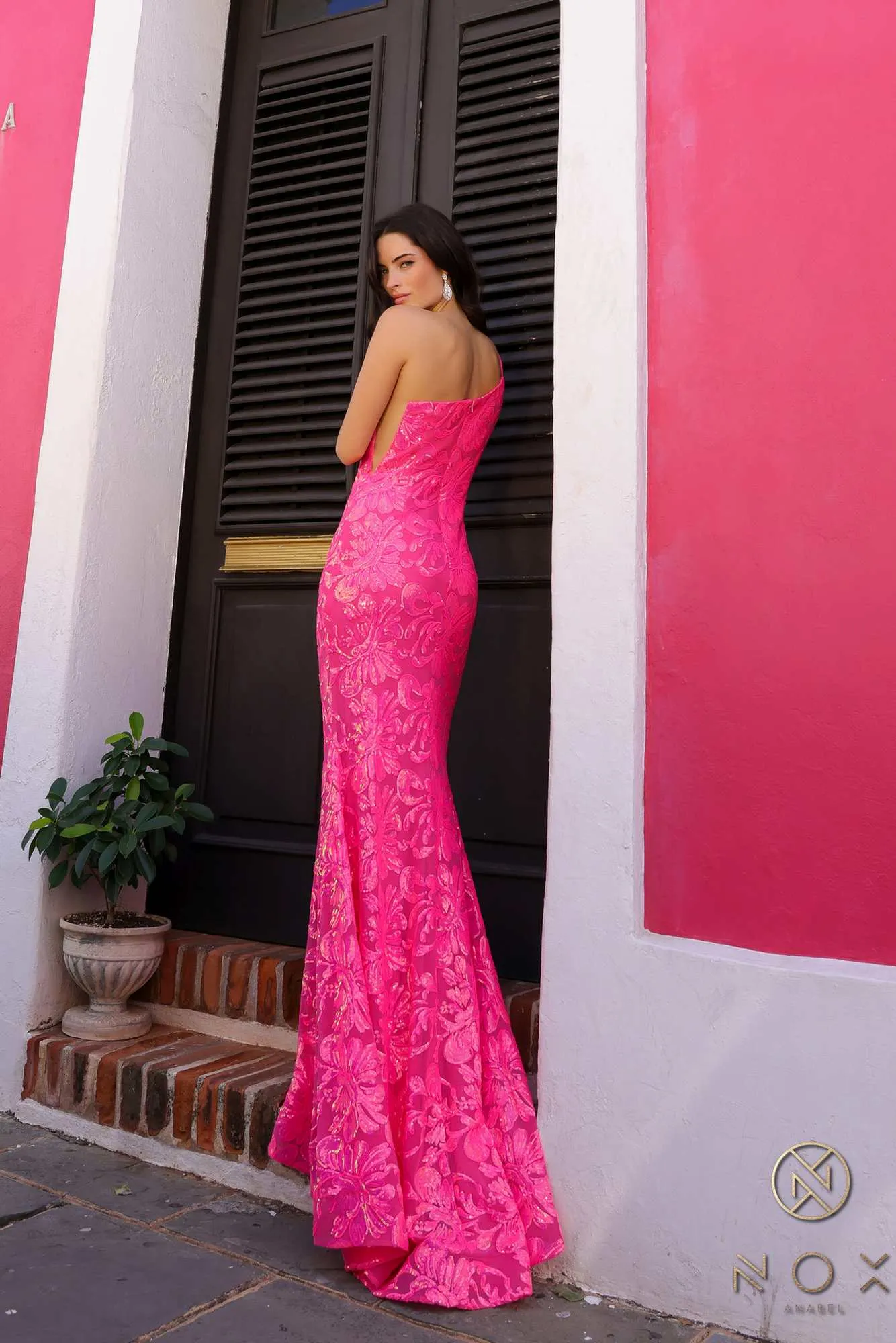 Nox Anabel R1308 Long Sequin Floral Print One Shoulder Mermaid Gown