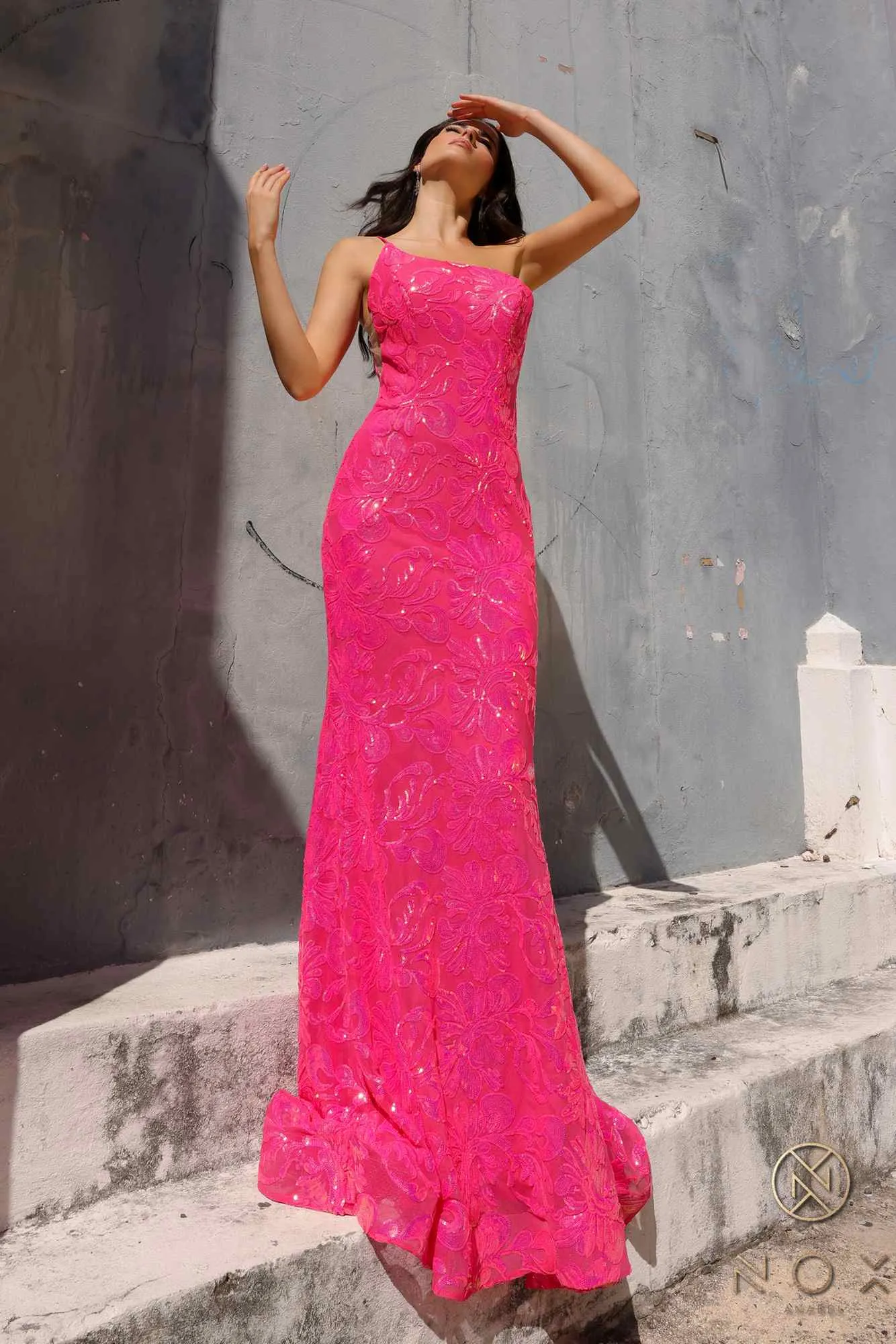 Nox Anabel R1308 Long Sequin Floral Print One Shoulder Mermaid Gown