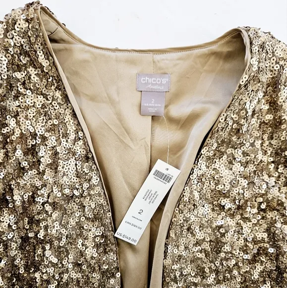 NWT Chico's Travelers Sequined Open Front Cardigan Jacket in Champagne L/12