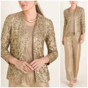 NWT Chico's Travelers Sequined Open Front Cardigan Jacket in Champagne L/12