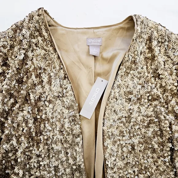 NWT Chico's Travelers Sequined Open Front Cardigan Jacket in Champagne L/12