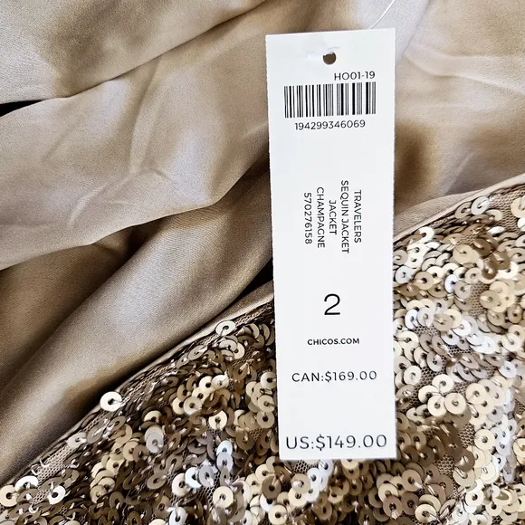 NWT Chico's Travelers Sequined Open Front Cardigan Jacket in Champagne L/12
