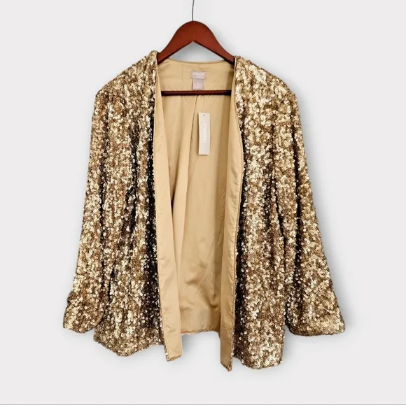 NWT Chico's Travelers Sequined Open Front Cardigan Jacket in Champagne L/12