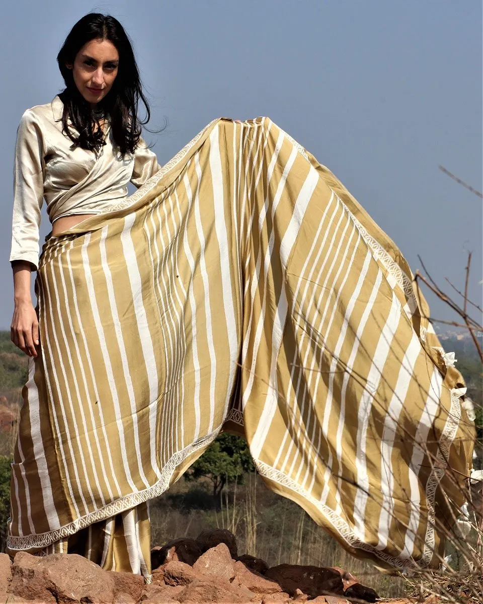 Olive A Line Blockprinted Modal Silk Saree