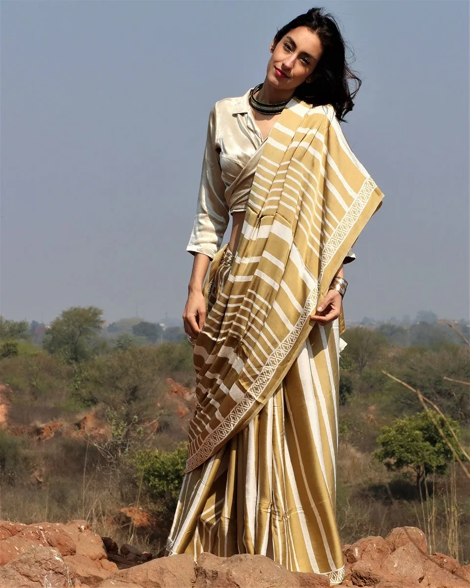 Olive A Line Blockprinted Modal Silk Saree