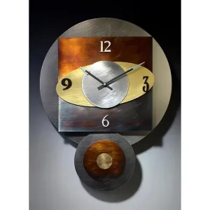Orbit Pendulum Wall Clock in Textured Stainless Steel Brass and and Hand Patinated Nickel Silver by Leonie Lacouette
