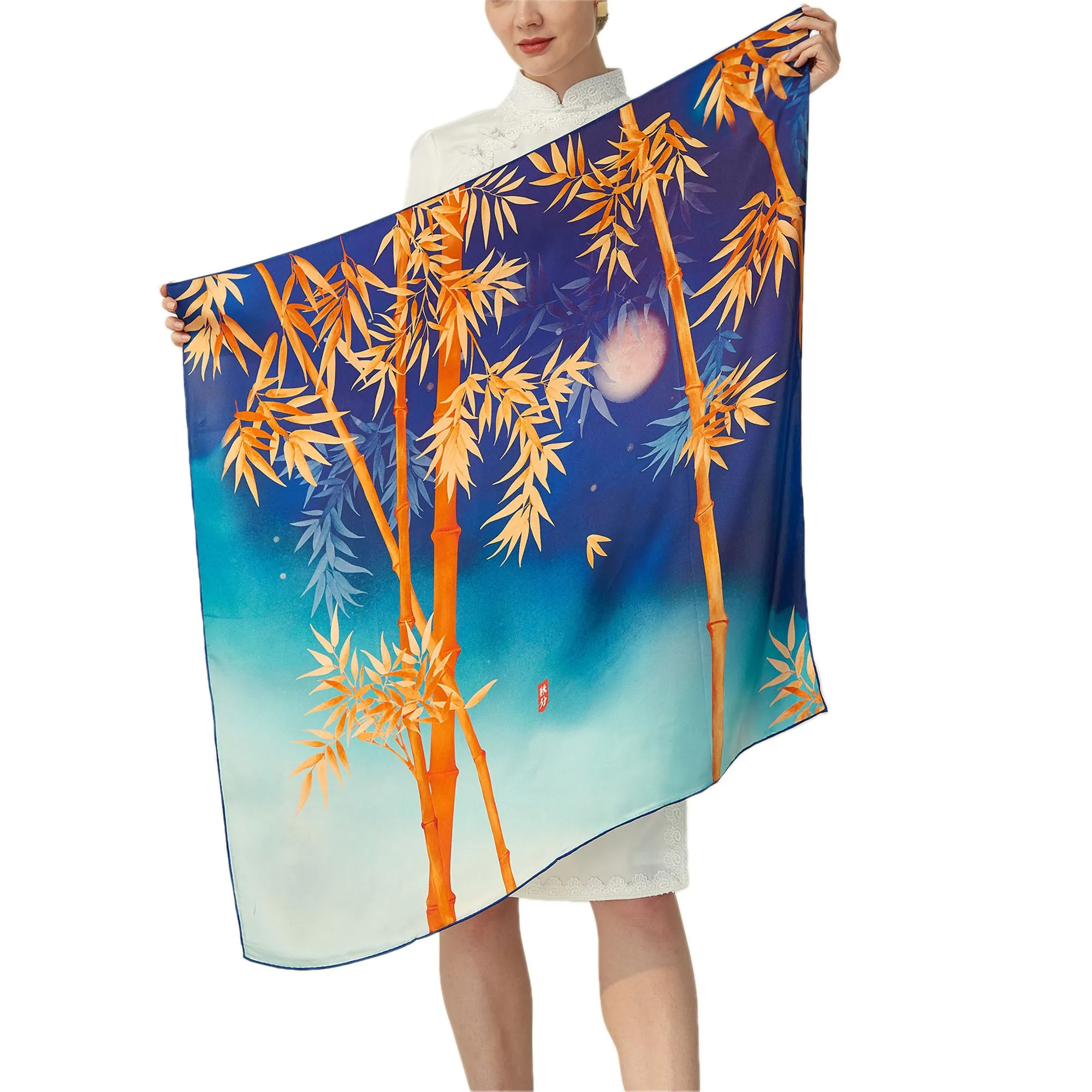 Oscar Rossa 100% Mulberry Silk Scarf with Hand-Rolled Edges, approximate 34"x34" to 35"x35" Large Square Printed Silk Charmeuse Scarf
