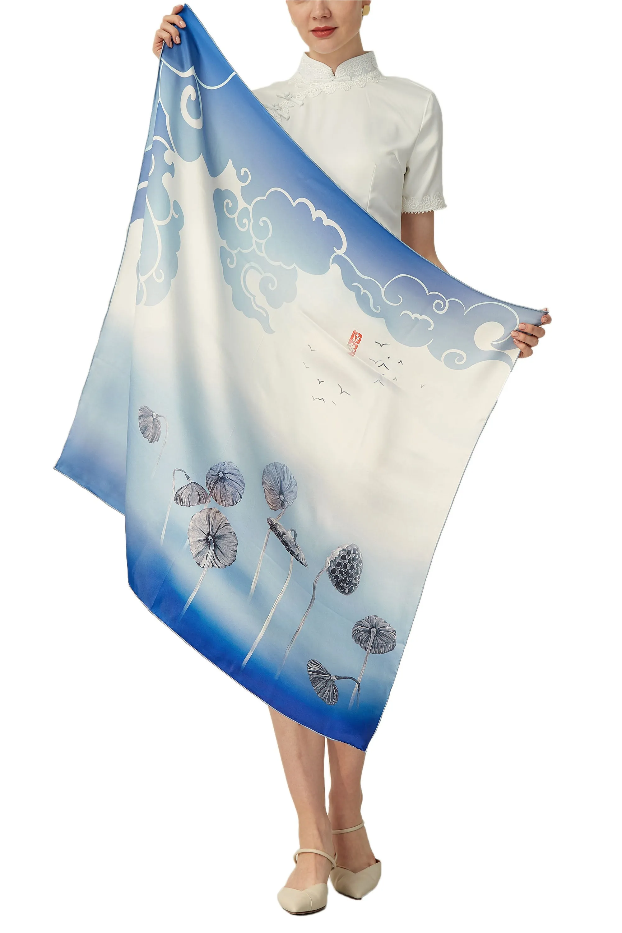 Oscar Rossa 100% Mulberry Silk Scarf with Hand-Rolled Edges, approximate 34"x34" to 35"x35" Large Square Printed Silk Charmeuse Scarf