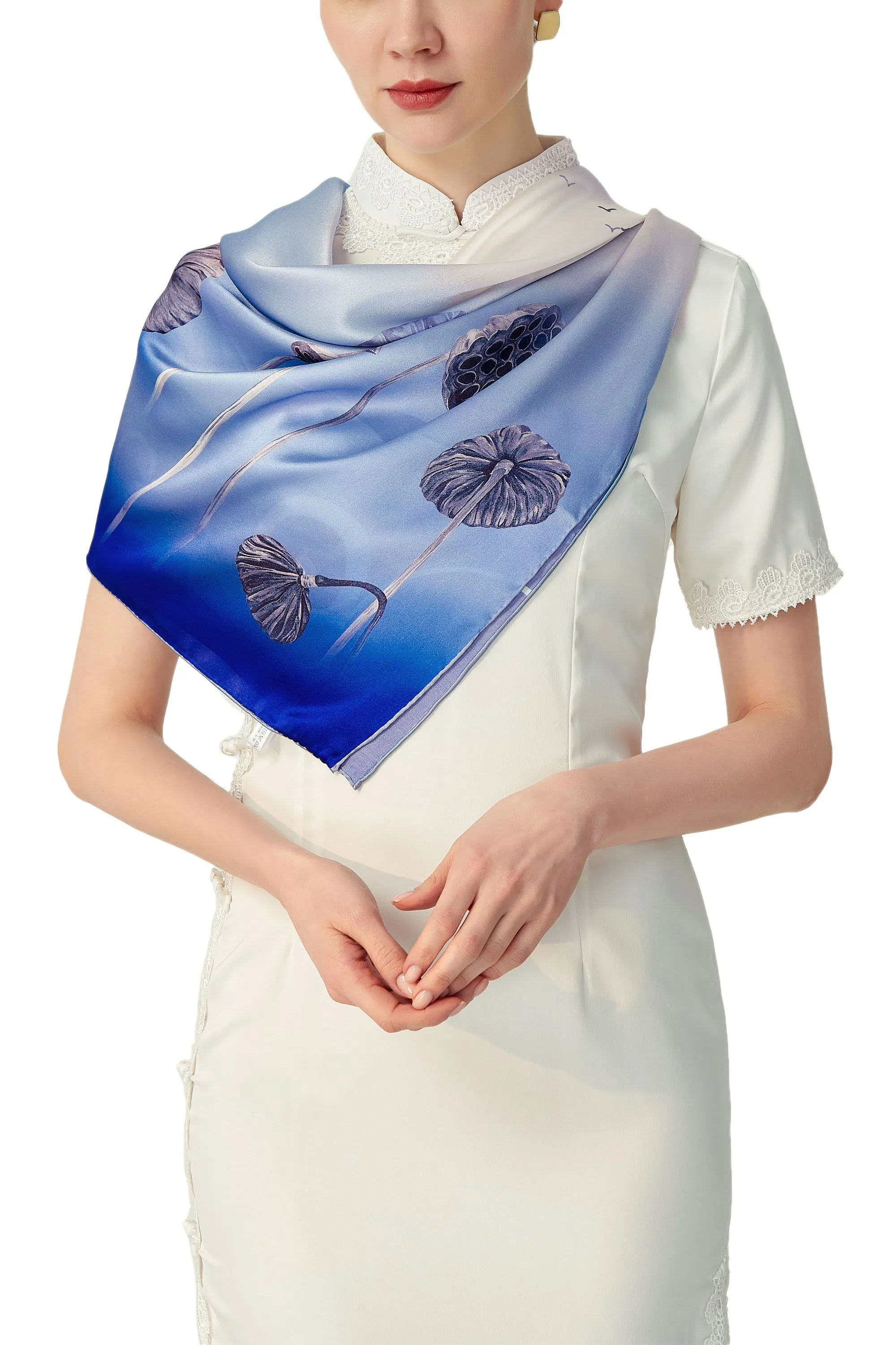 Oscar Rossa 100% Mulberry Silk Scarf with Hand-Rolled Edges, approximate 34"x34" to 35"x35" Large Square Printed Silk Charmeuse Scarf