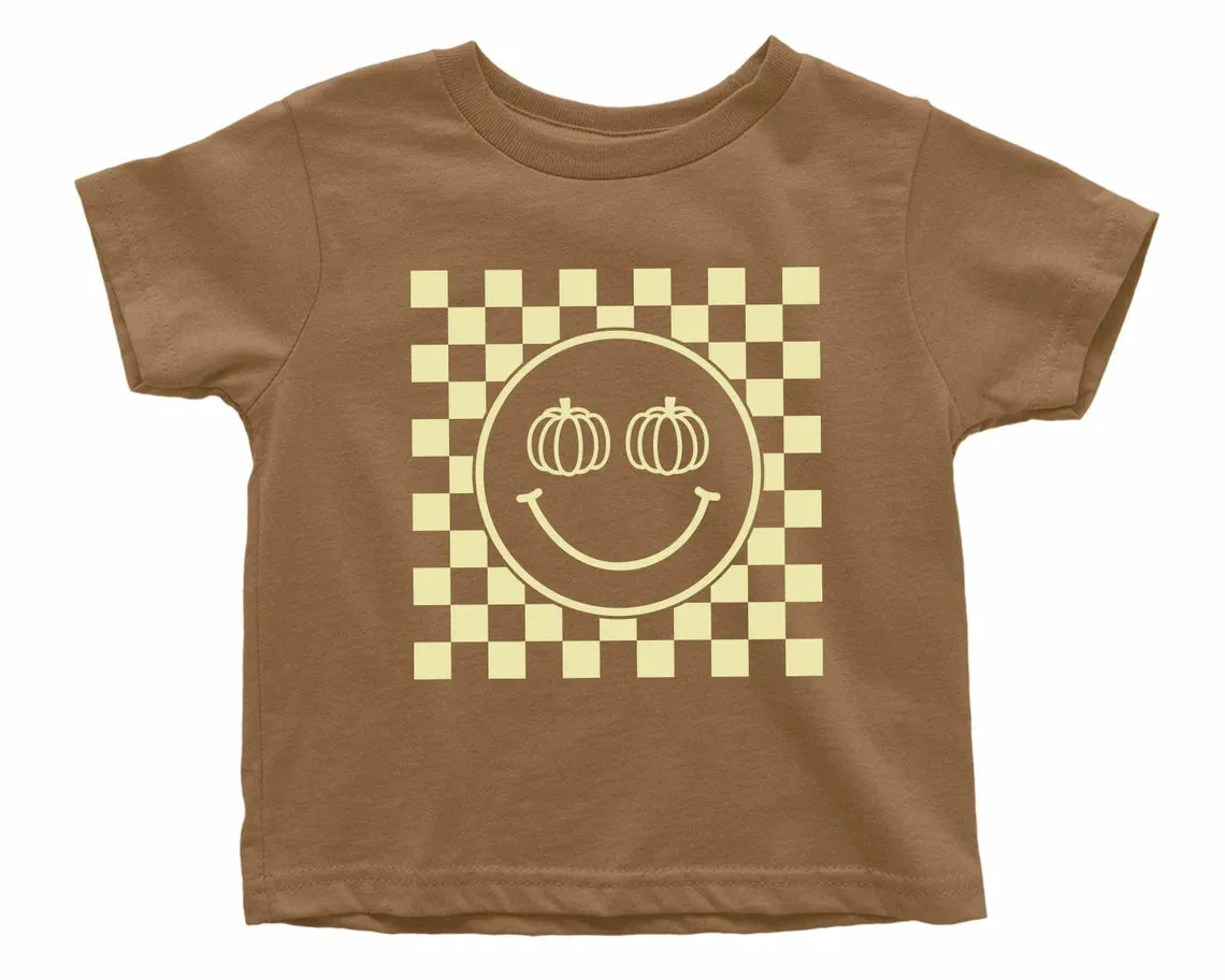 Pumpkin Checkered Smiley Face. Halloween T-shirt for Kids. Halloween Toddler Shirt. Pumpkin Baby Shirt. Fall Checkered Retro baby t-shirt.
